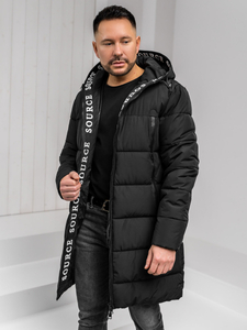 Chaqueta acolchada larga de invierno con capucha para hombre negro Bolf 22M329