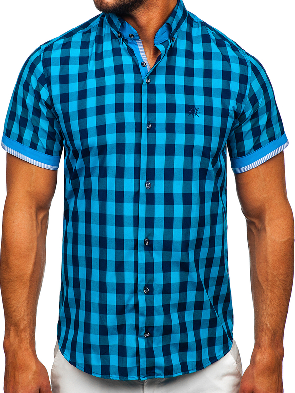 Camisa con manga corta a cuados para hombre color negro y azul Bolf 4508