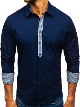 Camisa elegante de manga larga para hombre azul oscuro Bolf 0939