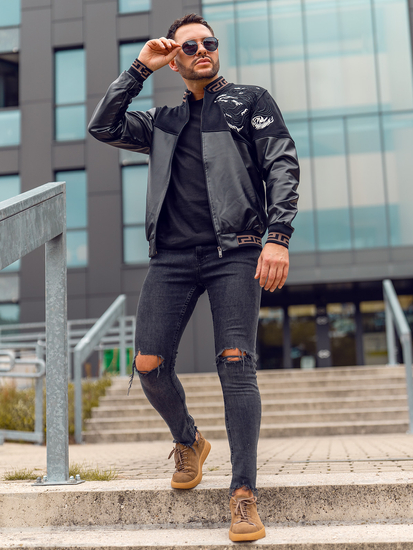 Chaqueta bomber de cuero para hombre negro Bolf 6671