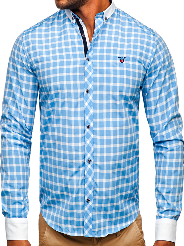 Camisa elegante a cuadros de manga larga para hombre azul claro Bolf 5737-1