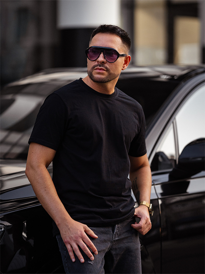 Camiseta de hombre de algodón negra sin estampado Bolf 14291