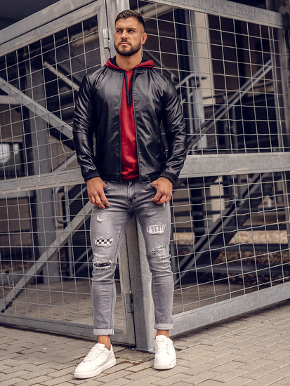 Chaqueta bomber de cuero para hombre negro Bolf 6803B