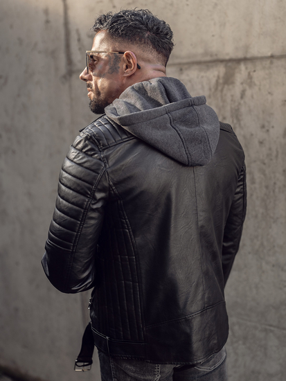 Chaqueta ramonera de cuero con capucha biker para hombre negro Bolf 11Z8005