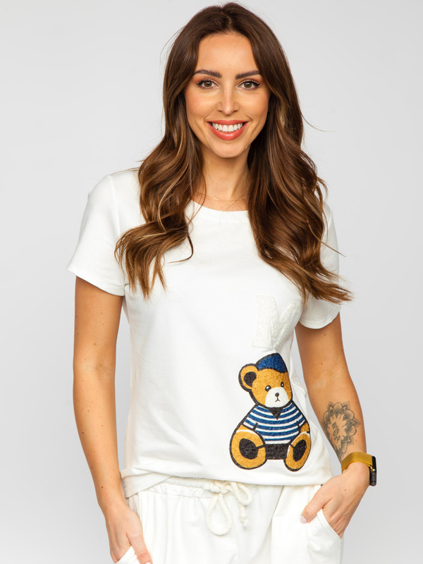 Camiseta de manga corta con parches para mujer blanco Bolf 52352