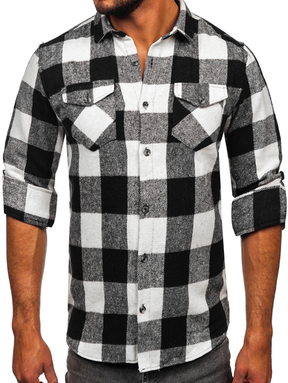 Camisa de franela a manga larga para hombre color blanco y negro Bolf 20723