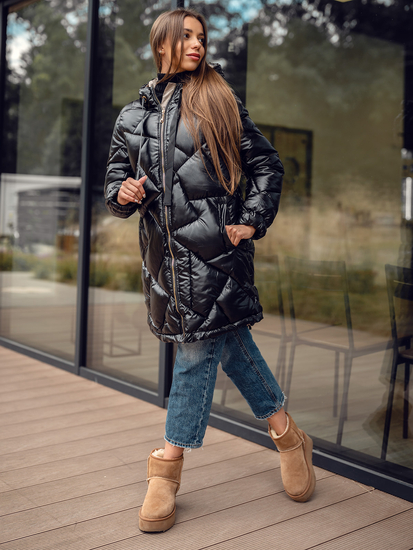Chaqueta larga acolchada abrigo de invierno con capucha para mujer negro Bolf 5M3189