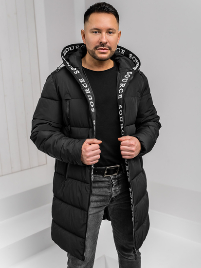 Chaqueta acolchada larga de invierno con capucha para hombre negro Bolf 22M329