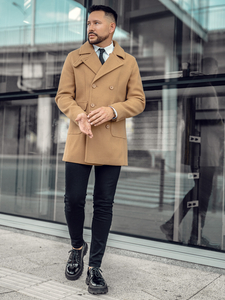 Abrigo de hombre de invierno cruzado corto color camel Bolf 11Z8215A