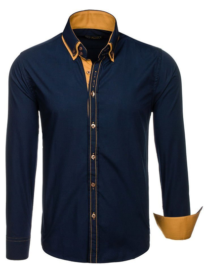 Camisa elegante de manga larga para hombre azul oscuro Bolf 3703