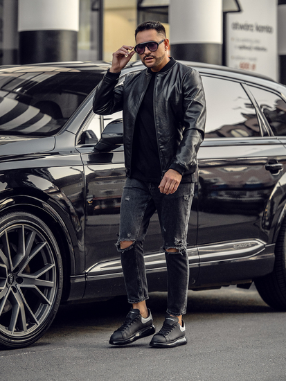 Chaqueta bomber de cuero para hombre negro Bolf 6803A