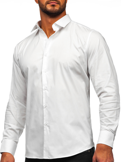 Camisa elegante de algodón de manga larga slim fit para hombre blanco Bolf TSM13