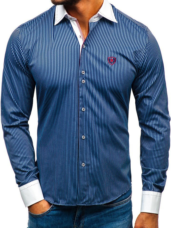 Camisa elegante de rayas de manga larga para hombre azul oscuro Bolf 4784-A