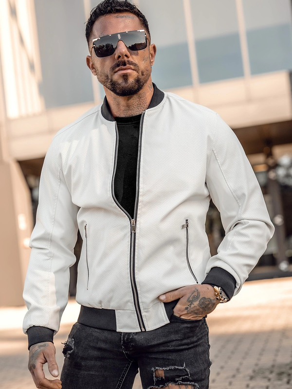 Chaqueta bomber de cuero para hombre Blanco Bolf 7110A2