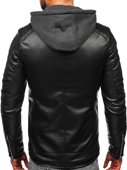 Chaqueta biker de cuero con capucha para hombre negro Bolf 11Z8012-A
