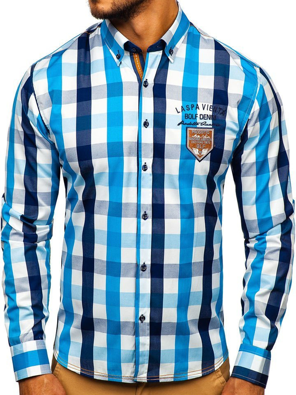 Camisa a cuadros de manga larga para hombre celeste Bolf 1766-1