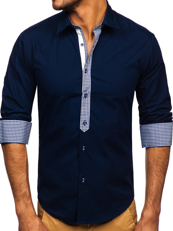 Camisa elegante de manga larga para hombre azul oscuro Bolf 6873