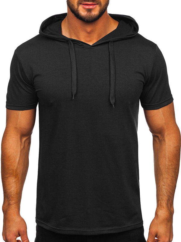 Camiseta de manga corta sin impresión con capucha para hombre negro Bolf 8T89