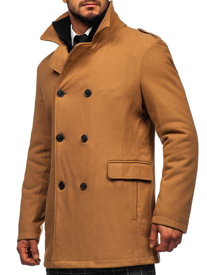 Abrigo de invierno cruzado camel para hombre con cuello alto extraíble adicional Bolf 8805