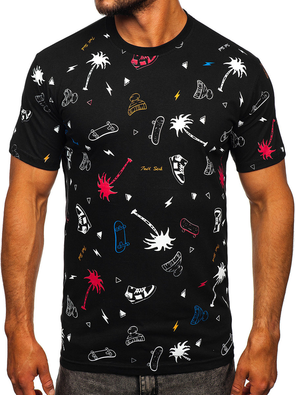 Camiseta de hombre de algodón negra con estampado Bolf 1150