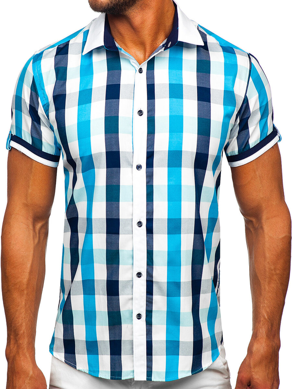 Camisa elegante a cuadros de manga corta para hombre turkusowa Bolf 8901