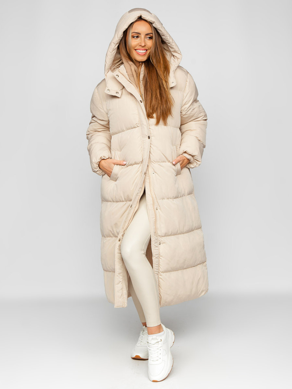 Chaqueta larga acolchada de invierno abrigo con capucha para mujer beige Bolf R6702