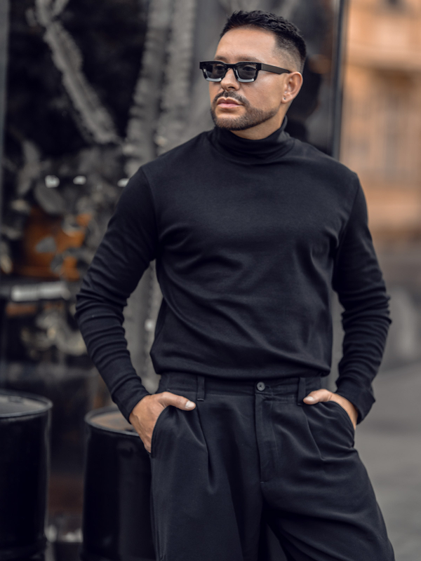 Jersey básico de cuello alto algodón para hombre negro Bolf 535
