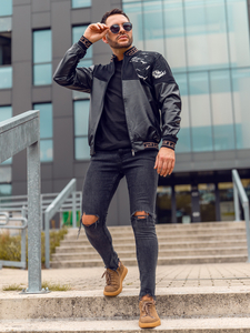 Chaqueta bomber de cuero para hombre negro Bolf 6671