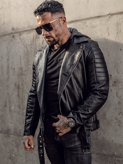 Chaqueta ramonera de cuero con capucha biker para hombre negro Bolf 11Z8005