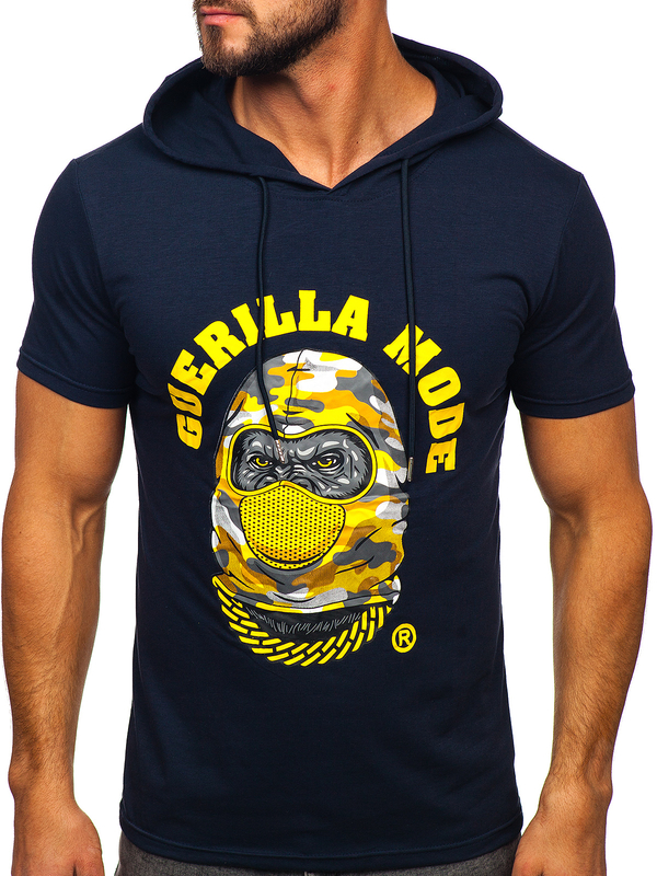Camiseta de manga corta con capucha con impresión para hombre azul oscuro Bolf 8T978