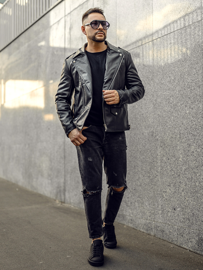 Chaqueta ramonera de cuero para hombre negro Bolf 11Z8014