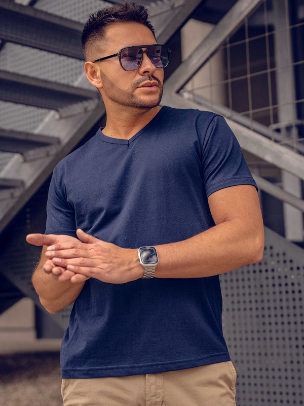 Camiseta lisa azul marino con cuello en V para hombre Bolf 192131A