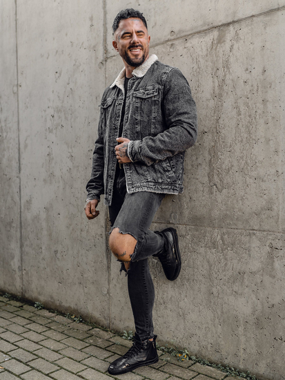 Chaqueta vaquera trucker aislante para hombre negra con cuello de borrego Bolf 1160