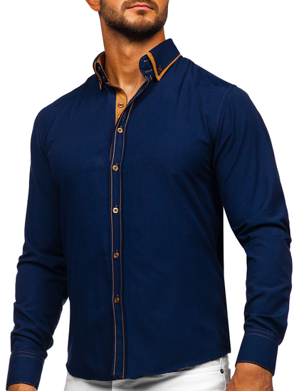 Camisa elegante de manga larga para hombre azul oscuro Bolf 3703
