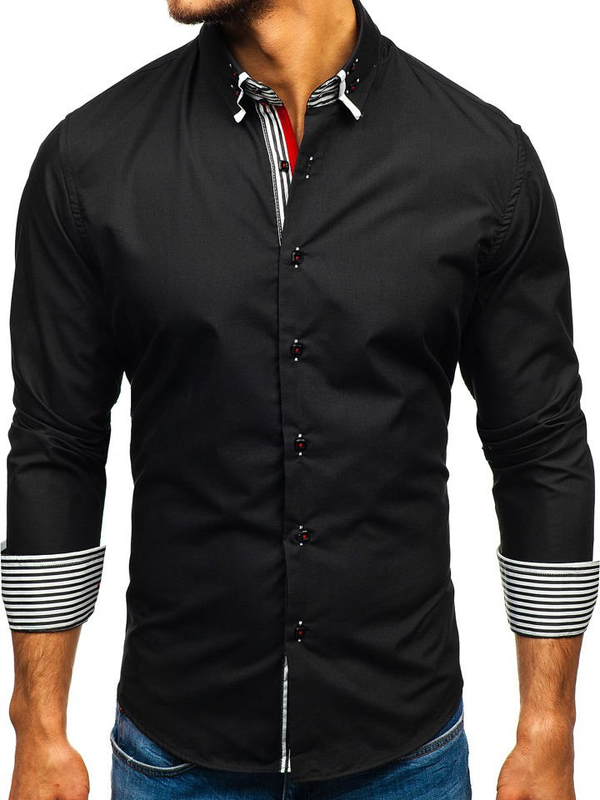 Camisa elegante de manga larga para hombre negra Bolf 1747