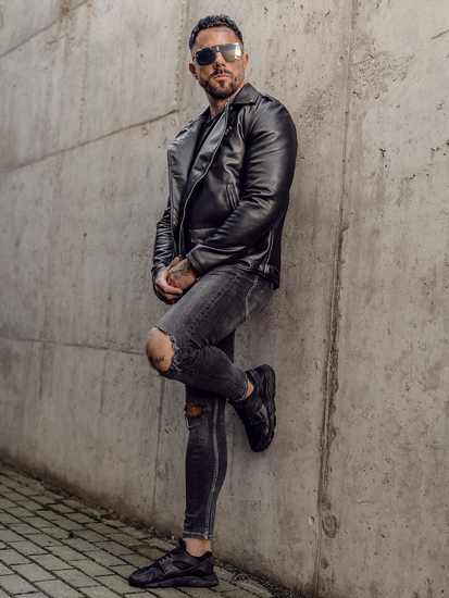 Chaqueta ramonera de cuero para hombre negro Bolf 11Z8014