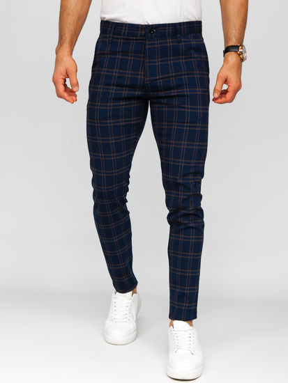 Pantalón de etiqueta a cuadros de tela para hombre azul oscuro Bolf 184189