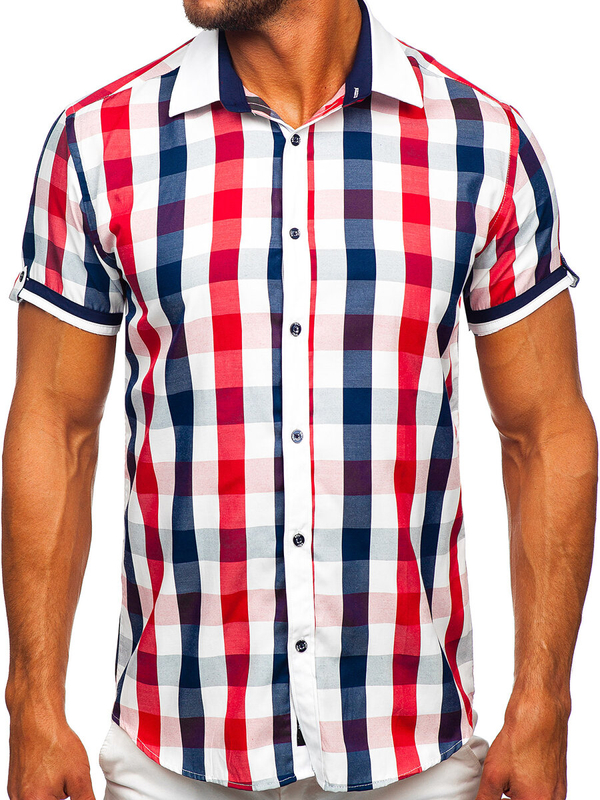 Camisa elegante a cuadros de manga corta para hombre rojo Bolf 8901