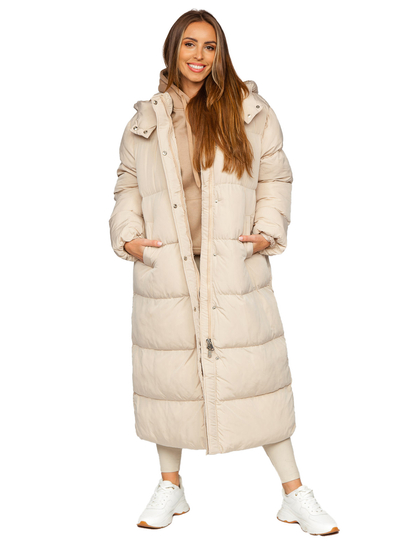 Chaqueta larga acolchada de invierno abrigo con capucha para mujer beige Bolf R6702