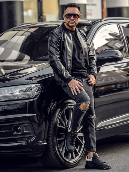 Chaqueta bomber de cuero para hombre negro Bolf 6803A