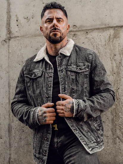 Chaqueta vaquera trucker aislante para hombre negra con cuello de borrego Bolf 1160