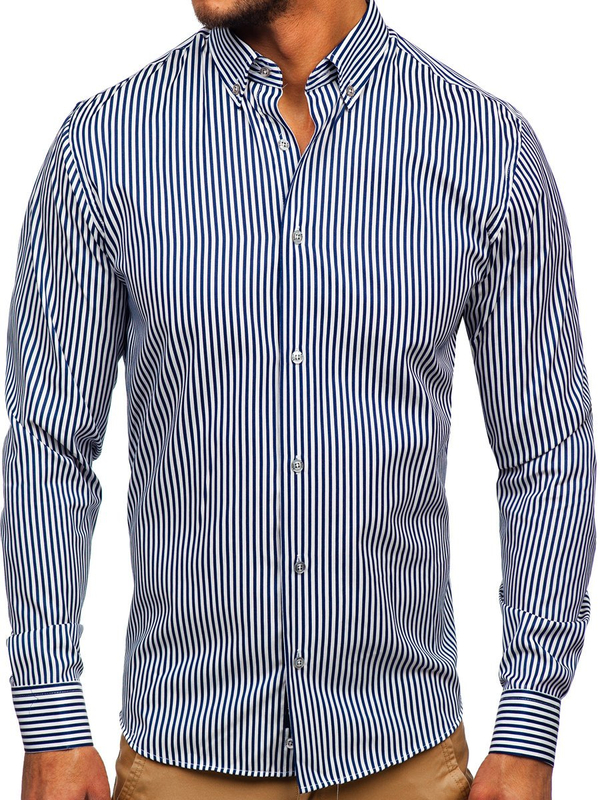 Camisa a rayas con manga larga para hombre color azul oscuro Bolf 20726