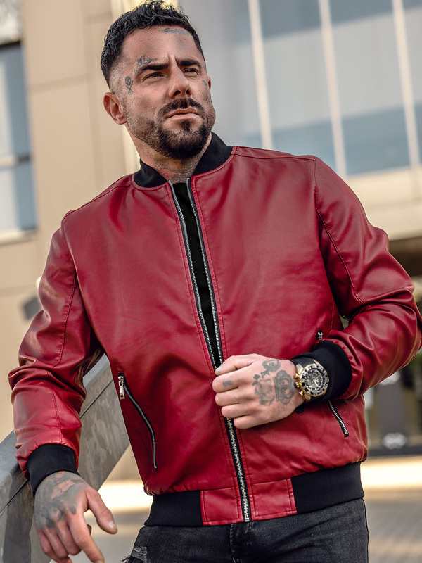 Chaqueta bomber de cuero para hombre rojo Bolf 1147A