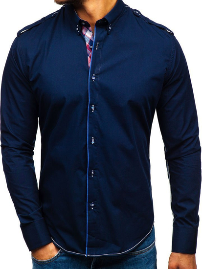 Camisa elegante de manga larga para hombre azul oscuro Bolf 1758