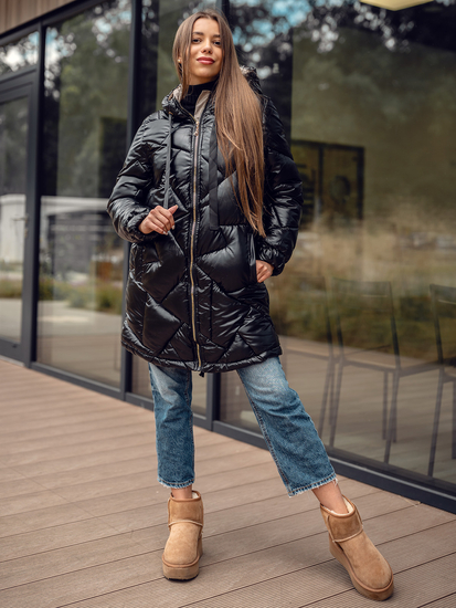 Chaqueta larga acolchada abrigo de invierno con capucha para mujer negro Bolf 5M3189