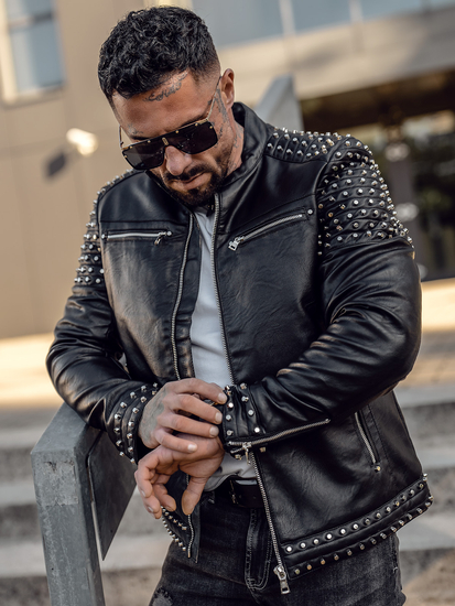 Chaqueta de cuero con remaches para hombre negro Bolf 11Z8007