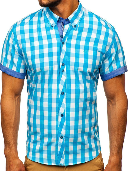 Camisa a cuadros de manga corta para hombre turquesa Bolf 6522