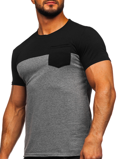 Camiseta de manga corta sin impresión con bolsillo para hombre negro y grafito Bolf 8T91
