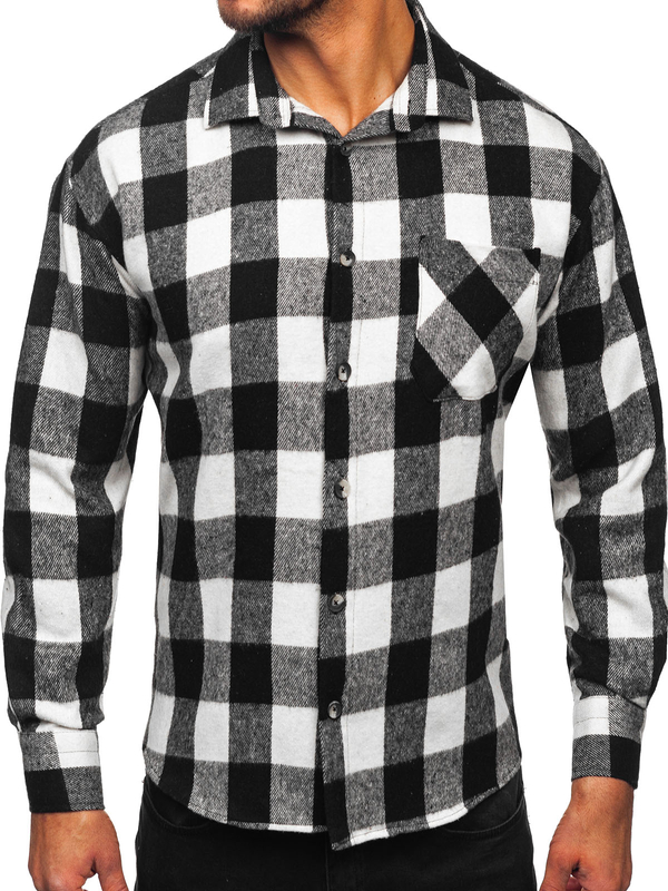Camisa de franela a cuadros de manga larga para hombre blanco y negro Bolf 2025-1