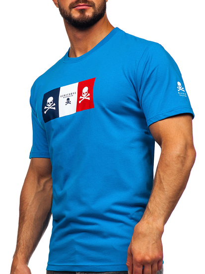 Camiseta algodón de manga corta con impresión para hombre azul claro Bolf 14784